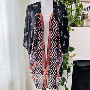 Express Black & Orange Geometric Floral Sheer Lightweight Kimono Blouse - OS